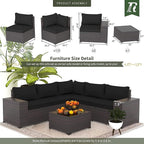 Outdoor Patio Furniture Set, 6 PCS Outdoor Furniture All Weather Patio Sectional Sofa PE Wicker Modular Conversation Sets with Coffee Table,5 Chairs & Seat Clips Black