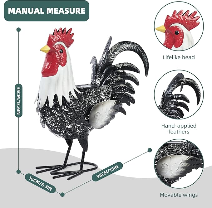 Metal Rooster Statue Yard Decor - 15" Solar Light Metal Yard Art Standing Chicken Statue Garden Decoration, Large Animal Sculpture Chicken Themed Gift for Outdoor Porch Patio Backyard Lawn Ornament