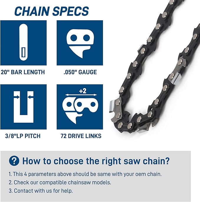 3-Pack 20 Inch Chainsaw Chain, 3/8" Pitch .050" Gauge 72 Drive Links Fits Husqvarna 455 (Rancher), 460 (Rancher), Stihl 33RS-72, MS311, MS391, Oregon E72, D72 and More