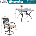 PHI VILLA 5-Piece Outdoor Dining Set, 4 Steel Metal Swivel Patio Chairs & 1 Square Dining Table, Black