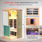 Canada Hemlock Low EMF FAR Infrared Sauna Room, 1 Person Indoor Sauna 1100W/120V with 6 Carbon Panel Heater & LCD Control Panel & Bluetooth Audio & 7-Color Chromotherapy Lights & 270° Panoramic Vision