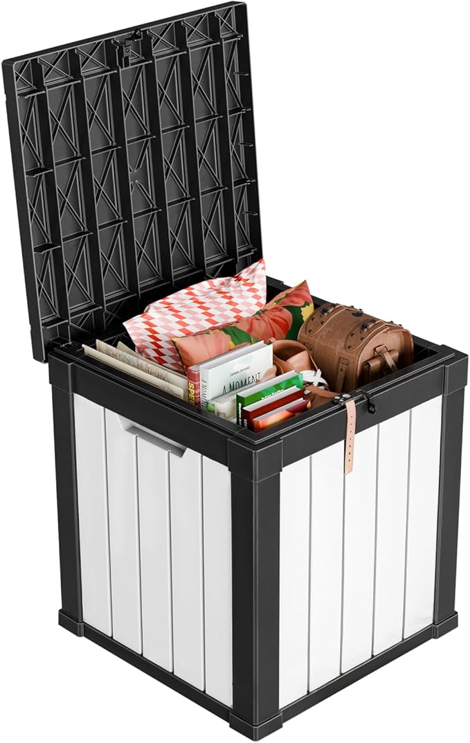 51-Gallon Outdoor Deck Box,Storage Lockable Waterproof Patio Furniture,Garden Tools,Cushions,Pool Accessories Outside Storage Resin Box(Black and White)