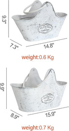 Set of 2 Vintage Metal Planter Pots, "Flowers and Garden" Distressed White Hanging/Tabletop Flower Pots with Handle, Rustic Farmhouse Planters for Indoor Outdoor Succulents, Herbs, Home Decor