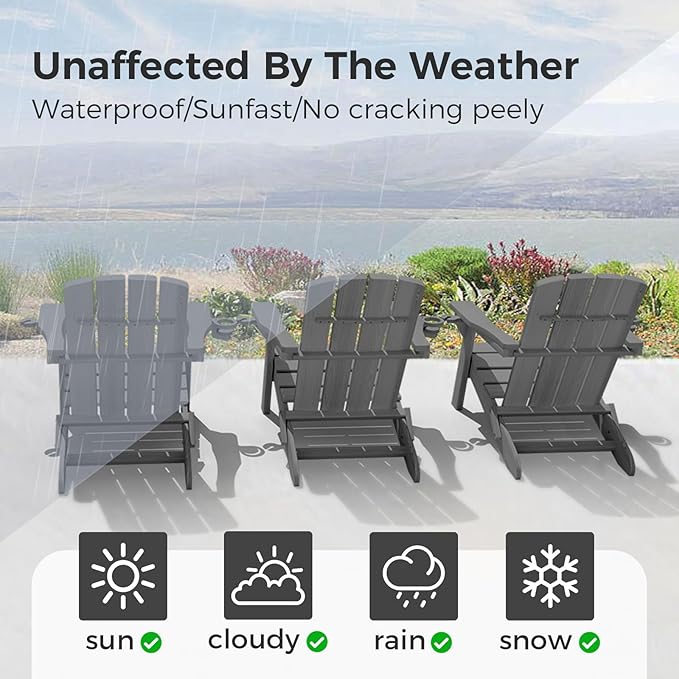 Folding Adirondack Chair Wood Texture 6 Pack, HDPE All-Weather Fire Pit Chairs, Plastic Adirondack Chairs with 2 Cup Holder, Outdoor Lawn Chair for Patio Garden (Grey)