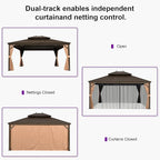 PURPLE LEAF 14' X 16' Outdoor Hardtop Gazebo Patio Wide Aluminum Frame Metal Double Roof with Heavy Duty Netting and Curtains for Permanent Hard Top Pavilion Screen Khaki