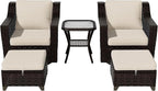 Vista Vibe 5 Pieces Outdoor Rattan Patio Conversation Furniture Set - 360 Degree Swivel Glider Rocker Chairs | Coffee Table | 2 Wicker Ottomans, Premium & Washable Cushions, Terrace (Brown/Beige)