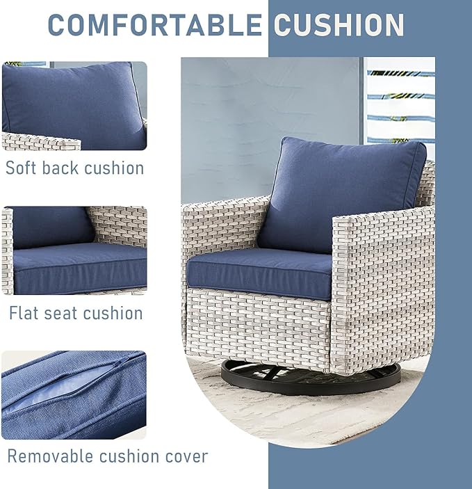 Wicker Patio Furniture Set：7 Piece Outdoor Patio Furniture Set with 2 Swivel Patio Chairs 2 Single Chairs a Coffee Table and 2 Ottomans, Light Grey Wicker/Blue Cushion