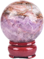 JIC Gem Amethyst Agate Crystal Ball with Wooden Stand Pink Healing Crystal Sphere Ball for Feng Shui Decor Spiritual Gifts 60-70mm