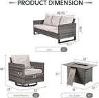 4 Piece Wicker Patio Furniture with Fire Pit Table - Outdoor Conversation Set with 50,000 BTU Fire Pit, All Weather Rattan Patio Set for Deck Backyard Garden - Grey Wicker Beige Cushion