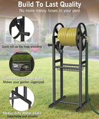 Garbuildman Ground Mount Garden Hose Reel Holds 125 Feet of 5/8-Inch with 3.9 ft Leader Hose, Brass Fitting, Water Hose Holder Stand with Storage Rack & 4 Spikes Base for Outdoor Lawn, Black