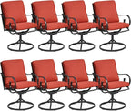 MELLCOM Patio Swivel Chair Set of 8, Heavy Duty Outdoor Dining Chairs with Thickened Cushions, Metal Patio Chairs Gentle Rocker for Outside, Garden Lawn & Porch, Backyard, Red