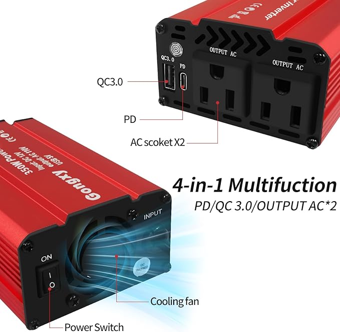 350W Power Inverter for Vehicles, 12V to AC 110V Car Inverter Converter， Charger Plug Suit for USB QC 3.0, PD(65W), Car Charger Adapter for Road Trip and Camping