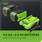Greenworks 40V 16" Brushless Cordless (Push) Lawn Mower + Blower (350 CFM) + 13" String Trimmer (Bonus Spools), 4.0Ah + 2.0Ah Battery and Charger Included (75+ Compatible Tools)