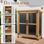 Weatherproof Outdoor Storage Cabinet with Lockable Doors, Wood & Metal Garden Storage Shed Patio Storage Box for Tools & Lawn Equipment, Pool Accessories