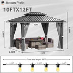 Aoxun 10'x12' Hardtop Gazebo Featuring Aluminum Frame & Double Galvanized Steel Roof, Outdoor Metal Shelter with Netting, Plus LED Waterproof Hanging Lights