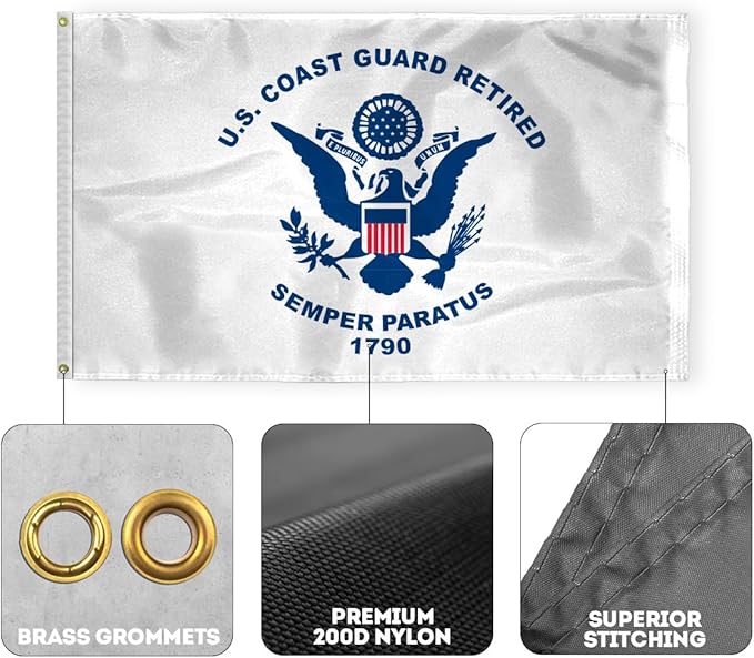 AGAS USCG Coast Guard Retired Flag 2x3 Ft - Printed Single Sided Polyester - Stitched Edges Polyester Header Plated Grommets - Indoor USCG Retired Flag