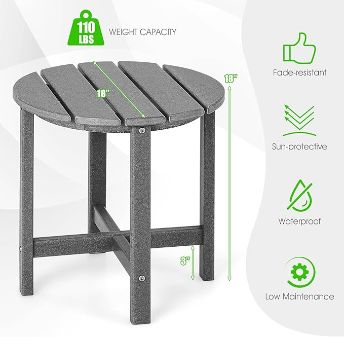 Tangkula Round Outdoor Side Table, 18 Inch Weather Resistant HDPE Adirondack Table, Outdoor Indoor Chairside End Tables, Patio Side Table for Lawn Garden Balcony Backyard, Easy Assembly (2, Gray)