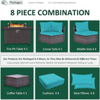 Outdoor Patio Furniture Set with Propane Fire Pit Table, 8 Pcs Outdoor Furniture Patio Sectional Sofas Conversation Sets w/ETL Approved 43" Gas Outdoor Fire Table & Coffee Table Turquoise