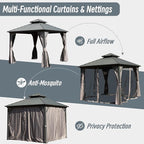 Domi 8' x 8' Hardtop Gazebo Permanent Metal Gazebo with Galvanized Steel Double Roof, Curtains and Netting for Party, Wedding, Outdoor Dining, Patio, Backyard, Gray