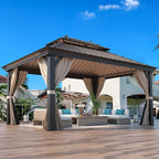MELLCOM 12'x16' Hardtop Gazebo, Galvanized Steel Double Roof Canopy with Aluminum Frame, Permanent Metal Pavilion Gazebos with Netting and Curtains for Patio, Gardens and Lawns