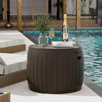 ZZM 33 Gallon Round Deck Box, Patio Side Table for Cushion, Picnic Bucket, Small Bench Seat, All-Weather & Portable, Brown