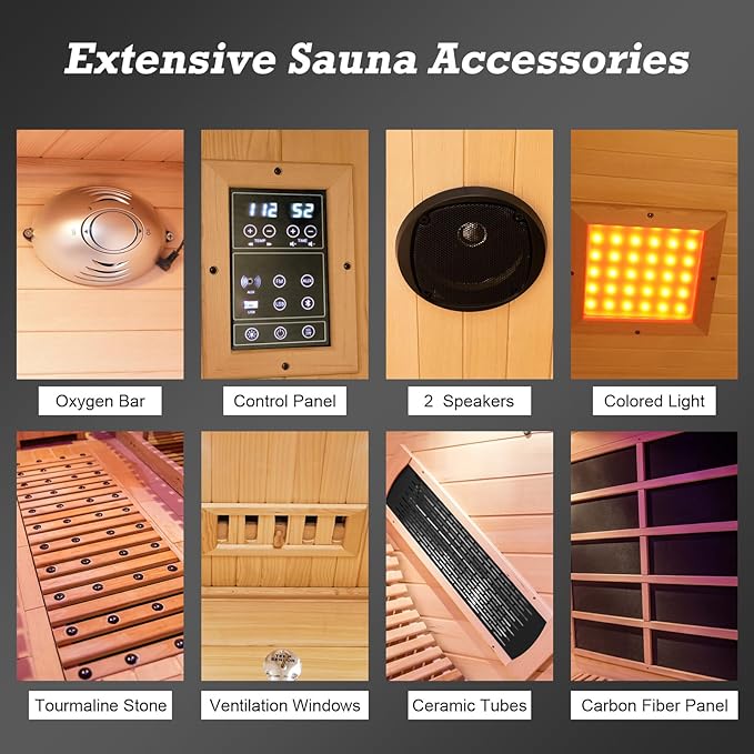 Infrared Sauna Room with Recliner, 1 or 2 Person Home Canadian Hemlock Luxurious Wooden Traditional Indoor Corner Dry Heat Sauna Room, 2300W/220V, 8 Heating Panels, 7 Color Lights, Oxygen Bar