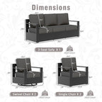 5 PCS Aluminum Patio Conversation Set - 3-Seater Sofa, 2 360° Swivel Chair, 2 Fixed Chair with 6" Thick Water-insistant Cushions, All-Weather Use Removable Cover, Ideal for Garden, Poolside (Grey)