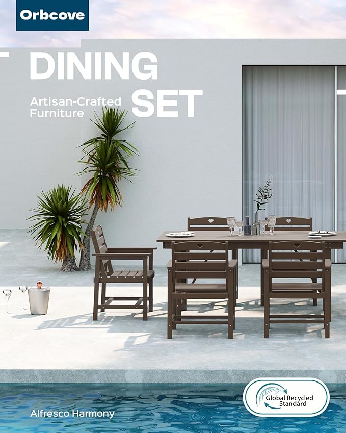 Patio Table and Chairs Set with Umbrella Hole, HDPE Patio Dining Set for 4, Outdoor Dining Set for Lawn, Patio, Porch, Deck, Poolside, Yard (Mahogany, 5-Piece)