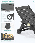 SERWALL Patio Chaise Lounge Chair Set of 2, 78'' Long 5-Positions Adjustable HDPE Outdoor Lounge Chair for Pool, Poly Lounge Chair with Rolling Wheels & Cup Holder for Poolside, Deck, Slate Gray