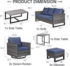 7 Piece Wicker Patio Furniture Set - Outdoor Swivel Rocker Chairs Set with Coffee Table, Side Table, 3 Seat Sofa & Ottomans, Small Patio Conversation Sets for Balcony Deck - Grey/Blue