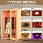 2 Person Infrared Sauna, Full Spectrum Sauna for Home, Indoor Dry Saunas with 5 Carbon Panels and 1 Carbon Tube, Oxygen Bar and 7 Color Light Strips, Canadian Hemlock,110V