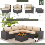 Outdoor Patio Furniture Set, 6 Pieces Outdoor Furniture All Weather Patio Sectional Sofa PE Wicker Modular Conversation Sets with Coffee Table,5 Chairs & Seat Clips Brown