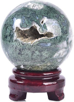 Large Moss Agate Crystal Sphere Natural Healing Crystal Ball with Stand Meditation Decorative Balls Home Decor 80-90mm/3.1-3.5"