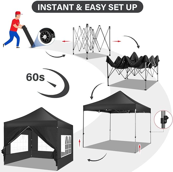 COBIZI 10x10 Pop Up Canopy Tent 10x10 Canopy with 4 Sidewalls Waterproof Heavy Duty Commercial Canopy Tent for Parties Outdoor Tent Garden Gazebo Tent, Carry Bag with Wheel(10x10ft, Black)