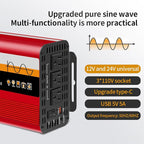 1500W Pure Sine Wave Inverter (3000W Peak), 12V/24V Auto-Detect, 50Hz/60Hz Switchable, LCD Display, Type-C Fast Charging, Silent Design, Overload & Overheat Protection for RV, Home (RED-1500W)