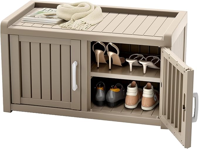 ROJIK Shoe Cabinet Waterproof UV-Resistant,Storage Bench Indoor Outdoor with Adjustable Shelves,for Entryway Bedroom,Hallway,Living Room(Double Door,Grey)