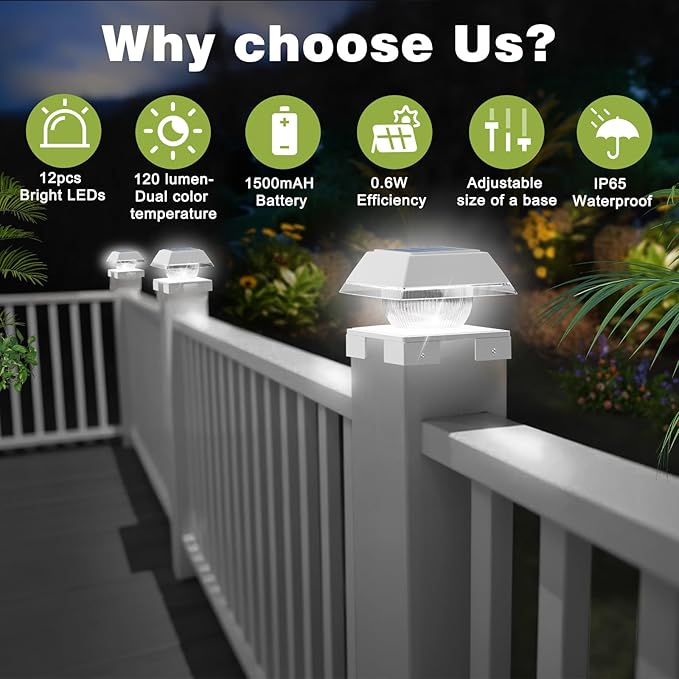 INDARUN Solar Post Lights Outdoor Waterproof, 2 Colors Modes, 120 Lumen, Solar Fence Deck Post Lights for 4x4 Post Caps - 4x4 5x5 6x6 Wood Posts/4x4 Vinyl Posts, for Front Porch, Paito, Backyard Decor