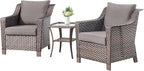 3 Pieces Patio Furniture Set-Wicker Patio Chairs Set of 2 with Tempered Glass End Table Outdoor Patio Chairs for Deck Balcony Poolside Backyard-Brown/Grey