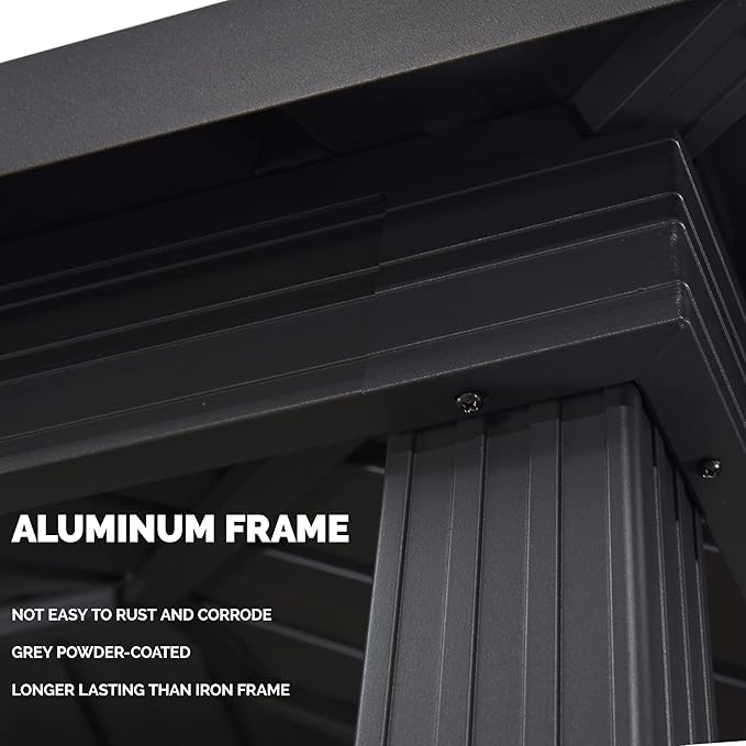 PURPLE LEAF 6' X 8' Hardtop Grill Gazebo for Patio Aluminum Barbeque Gazebo Canopy with 24 Clear Light Bulbs and Shelves Double Tiered Grey Outdoor BBQ