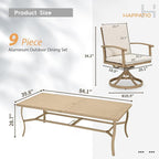 HAPPATIO Aluminum 9 Piece Patio Dining Set, Outdoor Swivel Dining Chairs and Dining Table, Aluminum Outdoor Dining Set for 8, Patio Dining Furniture with Washable Cushions (Beige)
