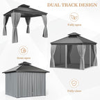 WKM 10x10 FT Hardtop Gazebo with Heavy Duty Galvanized Steel Double Roof, Aluminum Frame Permanent Pavilion with Curtains and Netting, Outside Canopy Gazebo for Patio, Deck and Backyard, Grey