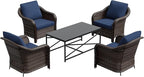 5 Pieces Outdoor Patio Conversation Furniture Set with Removable Covers, All-Weather PE Rattan, 4 Steel Frame Wicker Chairs with Cushions, 47" Metal Coffee Table for Yard (Navy Blue)