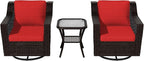 Vista Vibe 3 Pieces Outdoor Patio Conversation Furniture Set - 360 Degree Swivel Glider Rocker Chairs | Wicker End Table, Washable Cushions, Hand-Woven PE Rattan, Lawn, Sunroom (Brown/Red)