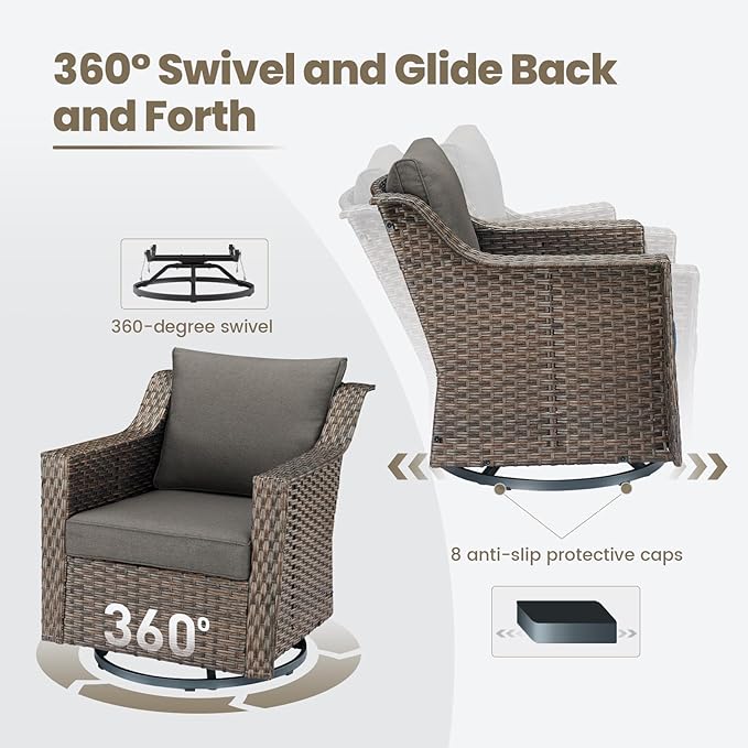 Outdoor Wicker Patio Furniture Set - 5 Piece Outside Rattan Conversation Bistro Dining Chair Sets with Rocking Swivel Chairs, 3-Seat Couch and Ottomans for Porch Yard Balcony – Brown/Grey