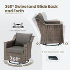 Outdoor Wicker Patio Furniture Set - 5 Piece Outside Rattan Conversation Bistro Dining Chair Sets with Rocking Swivel Chairs, Ottomans and Side Table for Porch Yard Balcony – Brown/Grey