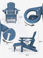 KINGYES Folding Adjustable Adirondack Chairs with Ottoman & 2 Cup Holders Set of 2, HDEP Multifunctional Adirondack Chair with Footrest, Blue