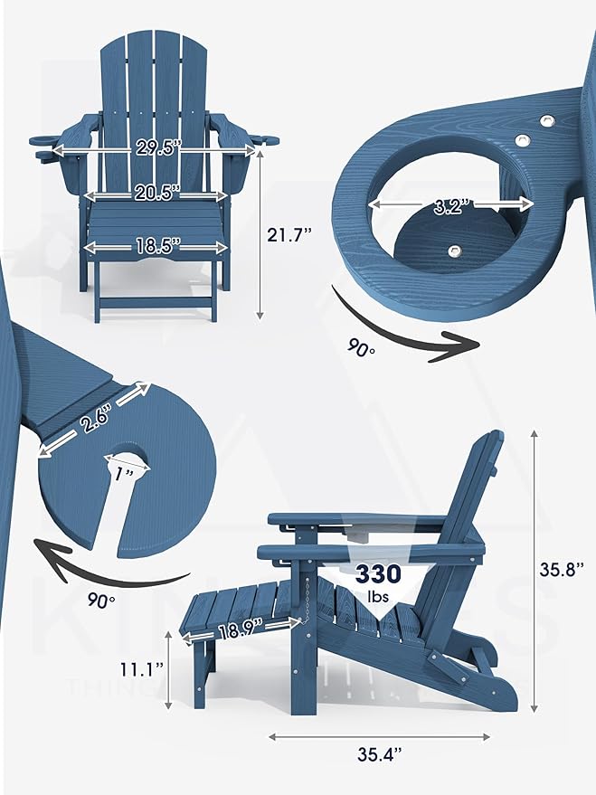 KINGYES Folding Adjustable Adirondack Chairs with Ottoman & 2 Cup Holders Set of 2, HDEP Multifunctional Adirondack Chair with Footrest, Blue