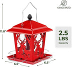 Kingsyard Metal Bird Feeder for Outdoor Hanging - Unique Design Wild Bird Hopper Feeder with 4 Perches and Rainproof Roof, Red