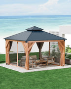 GAOMON Hardtop Spruce Wood Gazebo 10'x10', with Double Roof of Metal Sheets, 4.7'' Heavy Duty Poles, Net, and Curtain, Permanent Building for Patio, Deck, Backyard, Lawn, and Garden, Khaki
