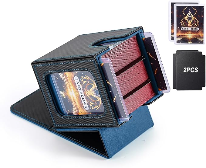 MTG Deck Box, Double Display Window MTG, Commander Deck Box Fits 120+ Single Sleeved Cards, PU Leather Magnetic Closure Card Box with 2 Dividers&2 Toploaders for TCG, CCG, Black/Blue